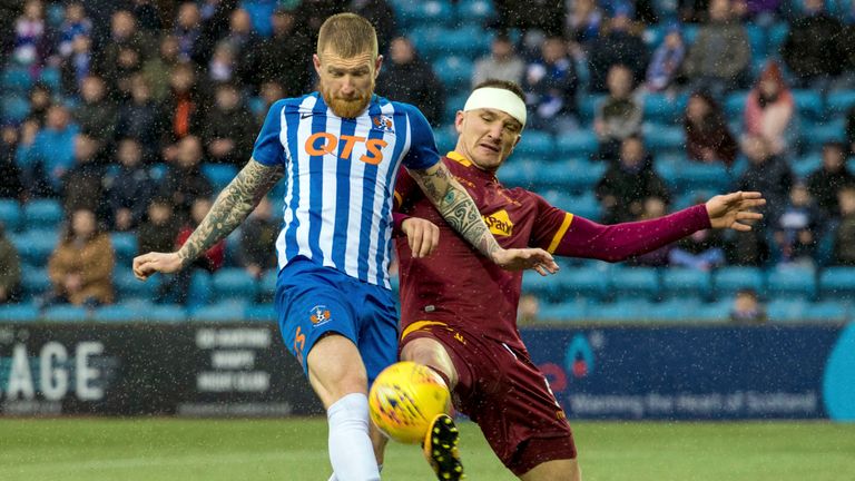 Kilmarnock's Alan Power competes with Tom Aldred during the goalless draw with Motherwell