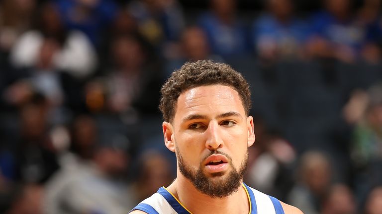 CHARLOTTE, NC - FEBRUARY 25: Klay Thompson #11 of the Golden State Warriors looks on against the Charlotte Hornets on February 25, 2019 at Spectrum Center in Charlotte, North Carolina. NOTE TO USER: User expressly acknowledges and agrees that, by downloading and or using this photograph, User is consenting to the terms and conditions of the Getty Images License Agreement.  Mandatory Copyright Notice: Copyright 2019 NBAE (Photo by Kent Smith/NBAE via Getty Images) 