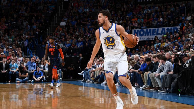 Klay Thompson #11 of the Golden State Warriors handles the ball against the Oklahoma City Thunder on March 16, 2019 at Chesapeake Energy Arena in Oklahoma City, Oklahoma.