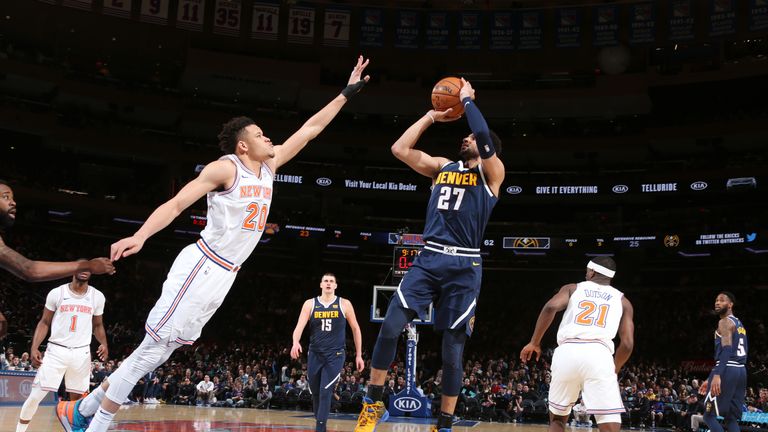 NEW YORK, NY - MARCH 22: Jamal Murray #27 of the Denver Nuggets shoots the ball against the New York Knicks on March 22, 2019 at Madison Square Garden in New York City, New York.  NOTE TO USER: User expressly acknowledges and agrees that, by downloading and or using this photograph, User is consenting to the terms and conditions of the Getty Images License Agreement. Mandatory Copyright Notice: Copyright 2019 NBAE  (Photo by Nathaniel S. Butler/NBAE via Getty Images)