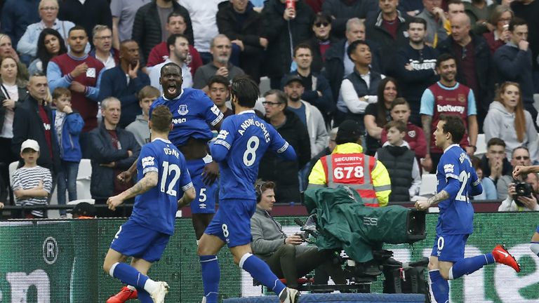 Kurt Zouma celebrates scoring the opening goal of the game at the London Stadium