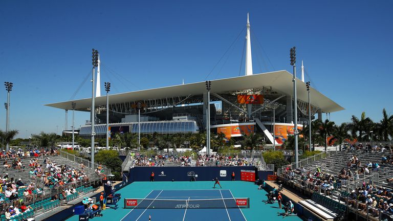 Kyle Edmund of Great Britain serves to Ilya Ivashka of Belarus during day five of the Miami Open Tennis on March 22, 2019 in Miami Gardens, Florida