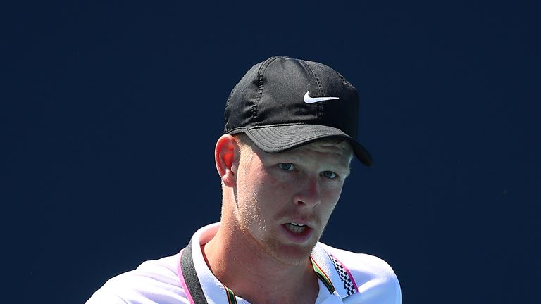 Kyle Edmund of Great Britain celebrates defeating Ilya Ivashka of Belarus during day five of the Miami Open Tennis on March 22, 2019 in Miami Gardens, Florida.