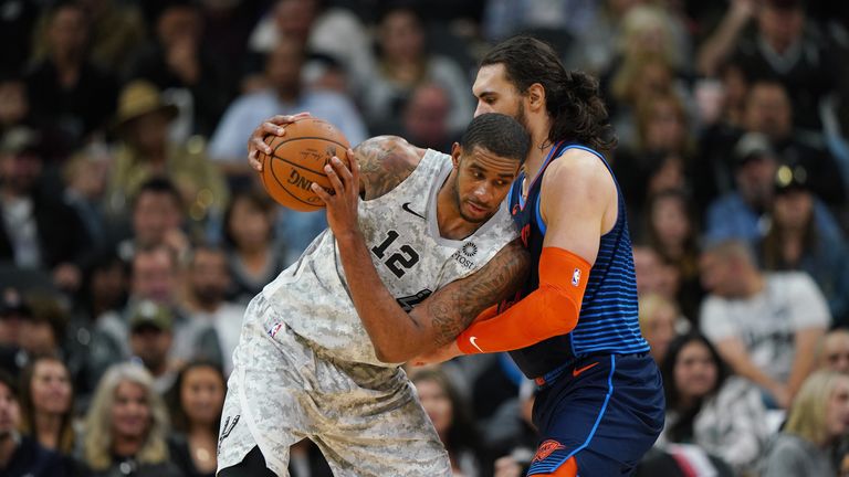 LaMarcus Aldridge #12 of the San Antonio Spurs posts up during the game against Steven Adams #12 of the Oklahoma City Thunder on March 2, 2019 at the AT&T Center in San Antonio, Texas