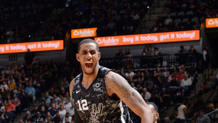 LaMarcus Aldridge #12 of the San Antonio Spurs reacts against the Milwaukee Bucks on March 10, 2019 at the AT&T Center in San Antonio, Texas.