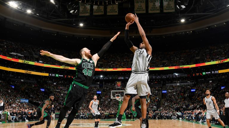 LaMarcus Aldridge #12 of the San Antonio Spurs shoots the ball against the Boston Celtics on March 24, 2019 at the TD Garden in Boston, Massachusetts.