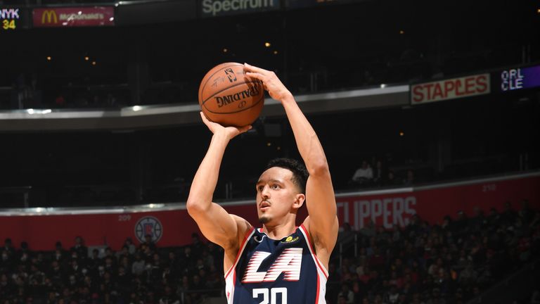 Landry Shamet #20 of the LA Clippers shoots a three-point basket against the New York Knicks on March 3, 2019 at STAPLES Center in Los Angeles, California.