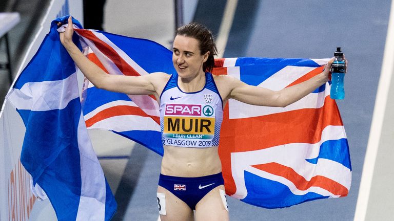 Great Britain’s Laura Muir celebrates winning the 3,000m at the European Indoor Athletics Championships in Glasgow