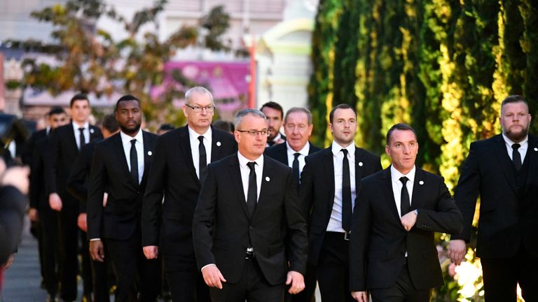 Leicester City staff and players - including manager Brendan Rodgers and captain Wes Morgan - pay their final respects to the club’s late chairman Vichai Srivaddhanaprabha ahead of his cremation in Bangkok