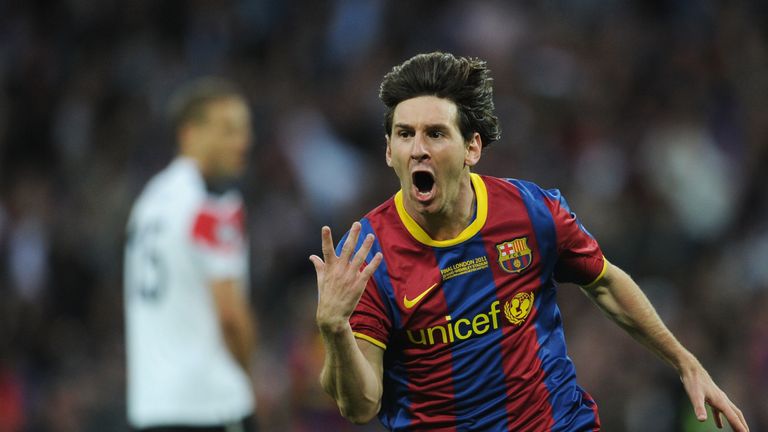 Lionel Messi celebrates scoring against Man United in the 2011 Champions League final at Wembley Stadium