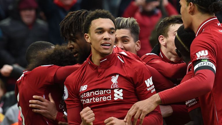 Liverpool celebrate after Toby Alderweireld's own goal