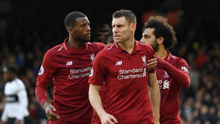 James Milner celebrates scoring in Liverpool's win over Fulham