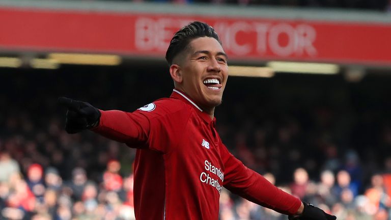 Liverpool's Roberto Firmino celebrates scoring his side's third goal of the game vs Burnley during the Premier League match at Anfield, Liverpool.