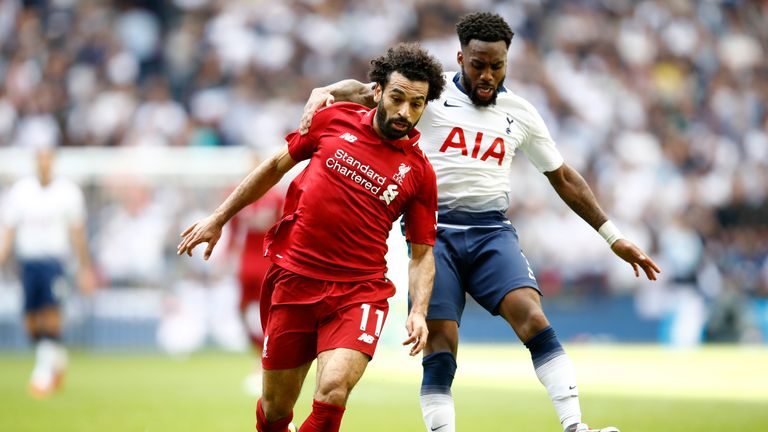 Mohamed Salah and Danny Rose battle for possession during Tottenham&#39;s game against Liverpool at Wembley