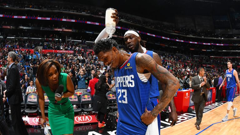 Lou Williams #23 of the LA Clippers speaks with the media after the game against the Brooklyn Nets on March 17, 2019 at STAPLES Center in Los Angeles, California. 