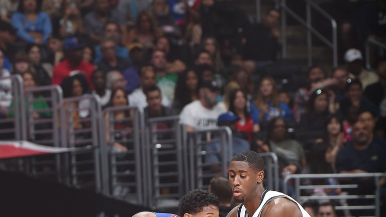 Lou Williams #23 of the LA Clippers jocks for a position during the game against Caris LeVert #22 of the Brooklyn Nets on March 17, 2019 at STAPLES Center in Los Angeles, California.