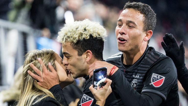 DC United midfielder Lucas Rodriguez celebrates scoring the fourth goal 