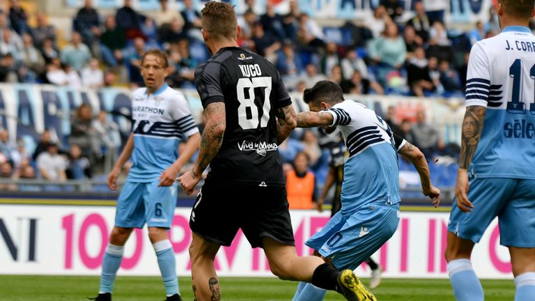 Lazio's Luis Alberto scores his team's third goal against Parma.