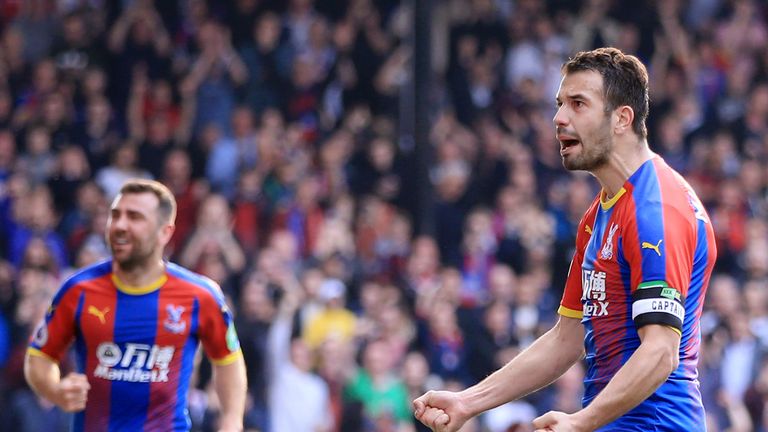 Luka Milivojevic celebrates after giving Crystal Palace the lead from the penalty spot