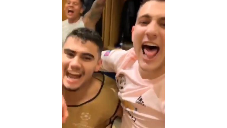 Manchester United players celebrated in the dressing room after their historic Champions League comeback against Paris Saint-Germain