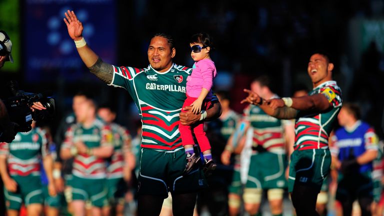 Manu Tuilagi (r) and Alesana Tuilagi celebrate after the Aviva Premiership semi-final between Leicester Tigers and Saracens at Welford Road on May 12, 2012