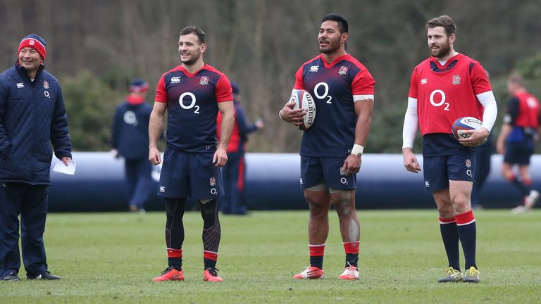 Manu Tuilagi and Elliot Daly (r) during the England training session held at Pennyhill Park on March 8, 2016 in Bagshot, England.