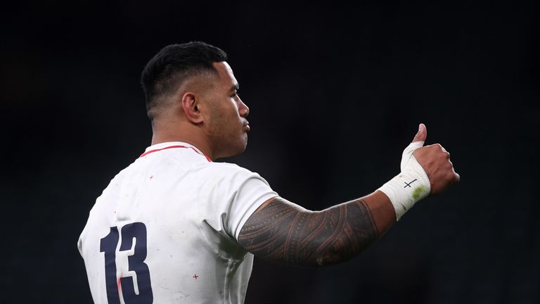 Manu Tuilagi of England acknowledges the fans following the Guinness Six Nations match between England and Italy at Twickenham Stadium on March 09, 2019 in London, England. 