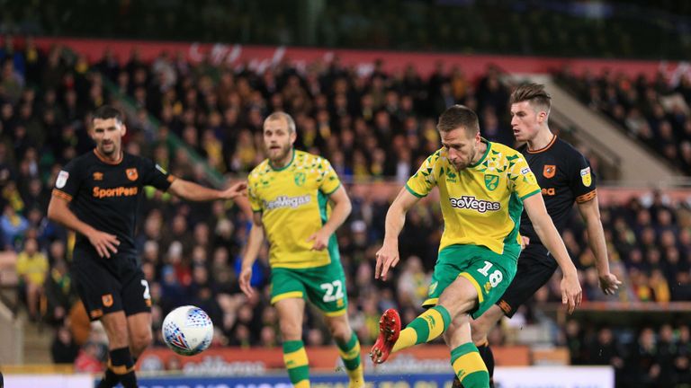 Marco Stiepermann opens the scoring for Norwich against Hull City during their SkyBet Championship clash.
