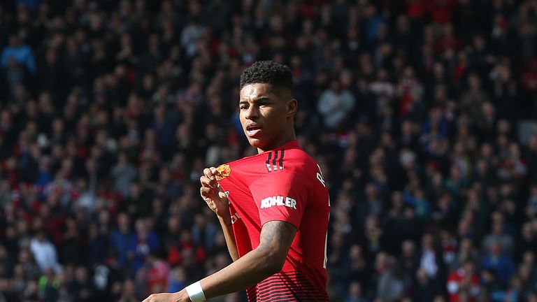 Marcus Rashford celebrates after giving Manchester United a 1-0 lead