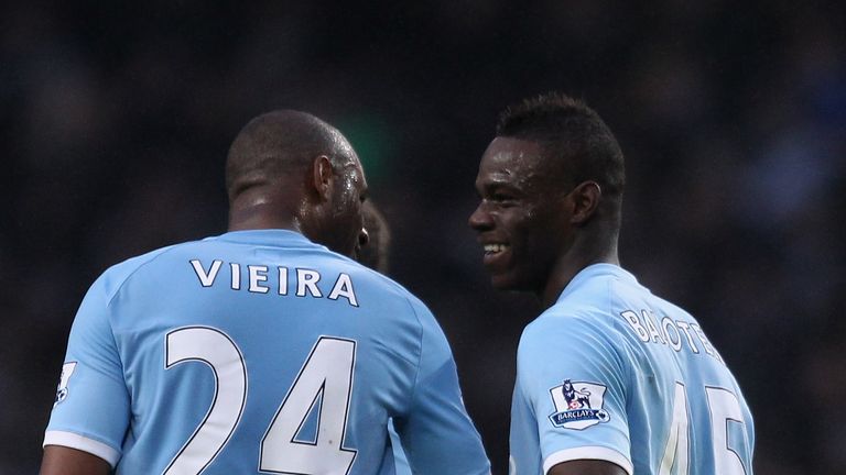 Mario Balotelli and Patrick Vieira during the Barclays Premier League match between Manchester City and Aston Villa at the City of Manchester Stadium on December 28, 2010 in Manchester, England.