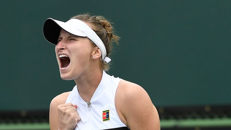 Marketa Vondrousova of the Czech Republic reacts after defeating Laura Siegemund during their ladies singles first round match on day three of the BNP Paribas Open on March 6, 2019 in Indian Wells, California.