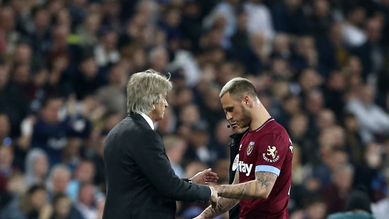 Marko Arnautovic is substituted during the Premier League match between West Ham and Everton