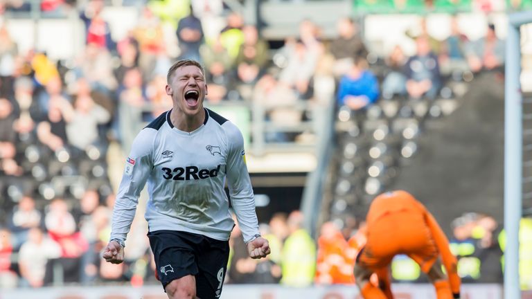 Martyn Waghorn of Derby County celebrates after completing his hat-trick