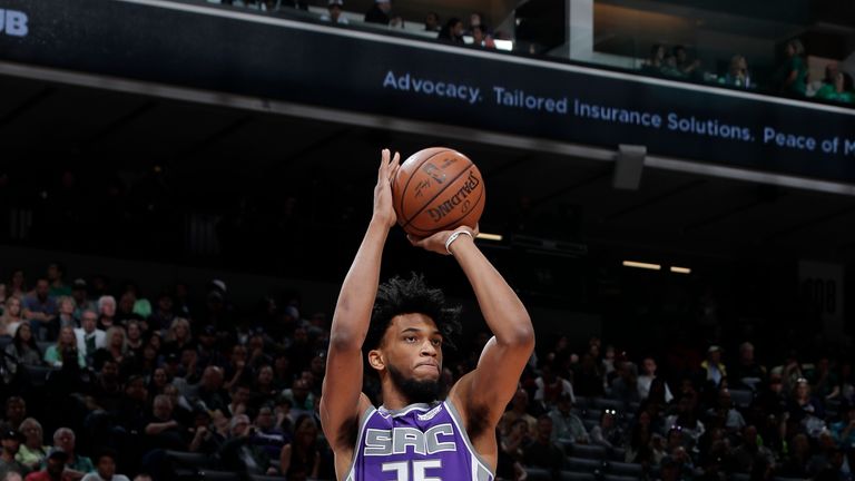 Marvin Bagley III #35 of the Sacramento Kings shoots the ball against the Chicago Bulls on March 17, 2019 at Golden 1 Center in Sacramento, California.