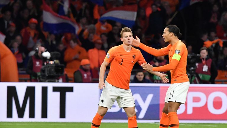 Netherlands' defender Matthijs De Ligt (L) celebrates with Netherlands' defender Virgil Van Dijk after scoring their first goal during the UEFA Euro 2020 Group C qualification football match between The Netherlands and Germany at the Johan Cruyff Arena in Amsterdam on March 24, 2019