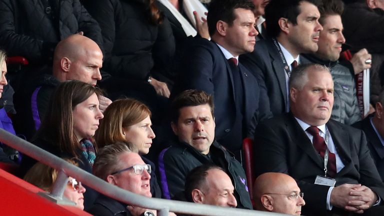 Mauricio Pochettino, who is serving a two-match touchline ban, in the stands at St Mary&#39;s Stadium