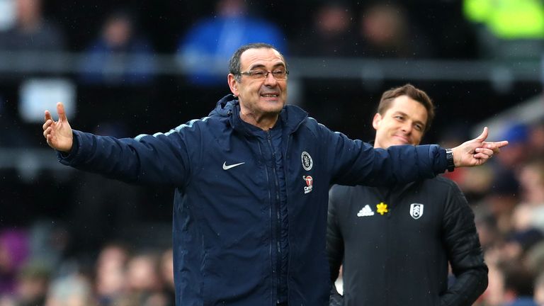Maurizio Sarri, Manager of Chelsea reacts during the Premier League match between Fulham FC and Chelsea FC at Craven Cottage on March 03, 2019 in London, United Kingdom.