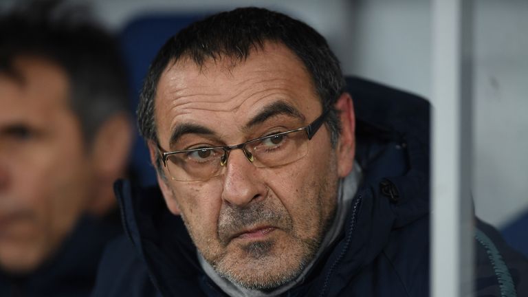 Maurizio Sarri, Manager of Chelsea looks on prior to the UEFA Europa League Round of 16 Second Leg match between Dynamo Kyiv and Chelsea at NSC Olimpiyskiy Stadium on March 14, 2019 in Kiev, Ukraine.