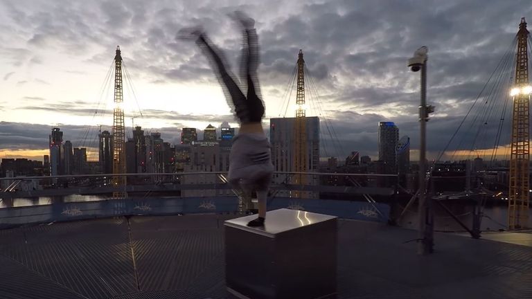 Max Whitlocks performs a gymnastics routine at the top of London's O2