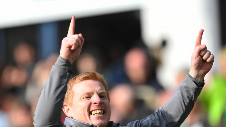 Celtic manager Neil Lennon celebrates the dramatic win over Dundee