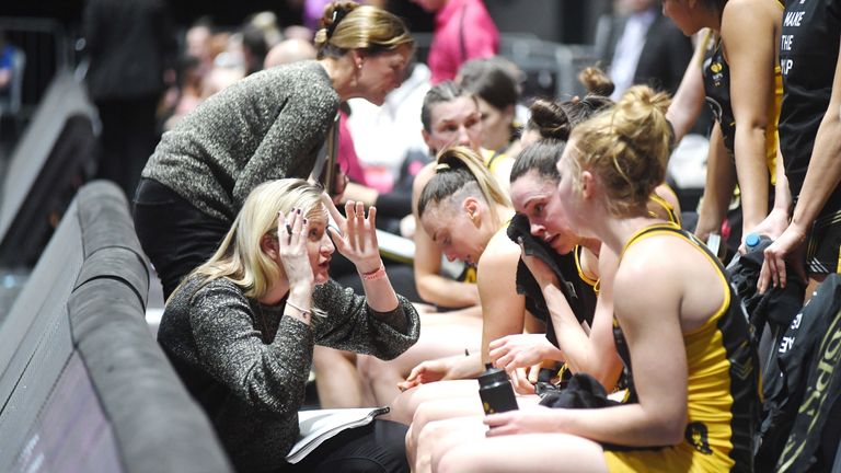 Mel Mansfield of Wasps Netball speaking to her players at quarter time. 