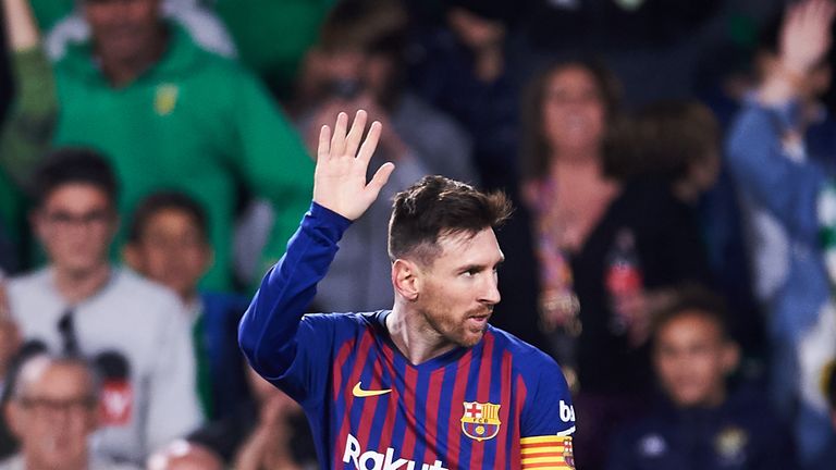 Lionel Messi acknowledges the crowd after completing his 51st career hat-trick against Real Betis
