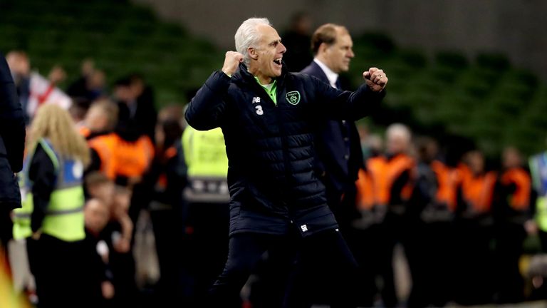 Mick McCarthy celebrates Republic of Ireland's victory over Georgia
