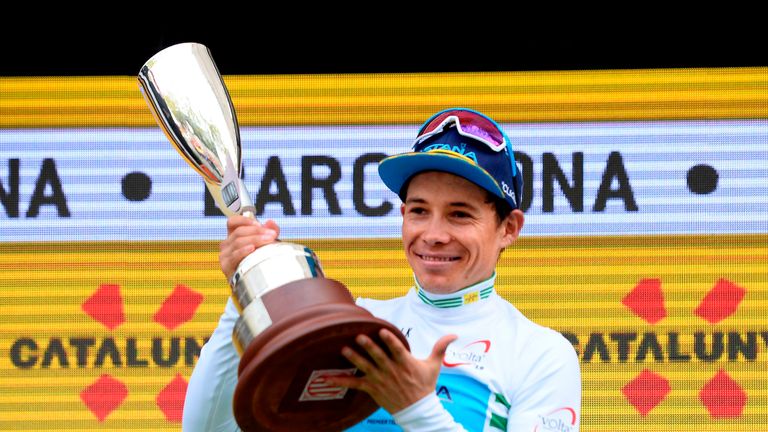 Colombian Miguel Angel Lopez overall leader celebrates next after winning the 99th Volta Catalunya