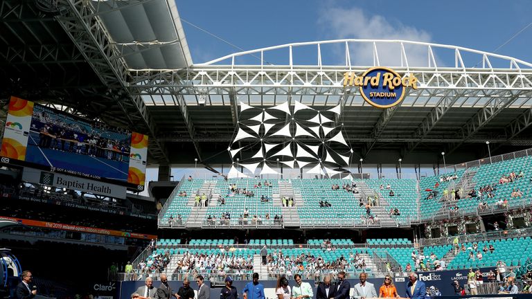 Naomi Osaka of japan, Novak Djokovic of Serbia, Serena Williams and Roger Federer of Switzerland participate in the ribbon cutting ceremony held on center court during the Miami Open Presented by Itau at Hard Rock Stadium March 20, 2019 in Miami Gardens, Florida