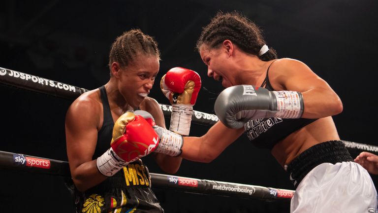 Natasha Jonas of Liverpool (L) fights Viviane Obenauf of Switzerland in the WBA International Super-Featherweight Championship at the Wales Ice Arena on August 4, 2018 in Cardiff, Wales.