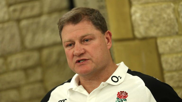 Neal Hatley, the England scrum coach, faces the media at Pennyhill Park on March 04, 2019 in Bagshot, England