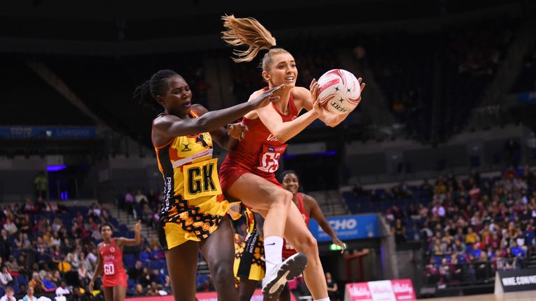  Helen Housby of England in action during the Vitality Netball International Series match between England and Uganda at the Echo Arena on November 27, 2018 in Liverpool, United Kingdom. (Photo by Nathan Stirk/Getty Images for England Netball)
