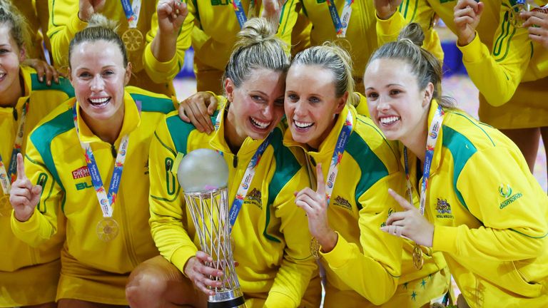 Australia celebrating with the Netball World Cup Trophy after victory in 2015