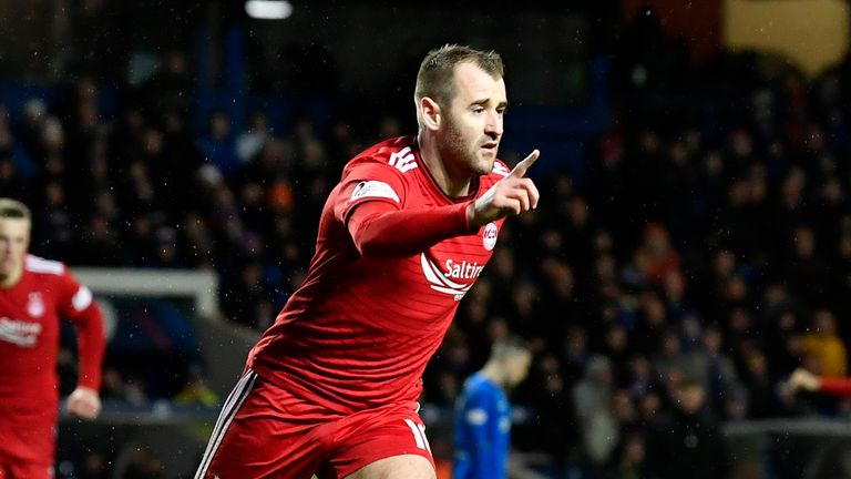 Niall McGinn turns away to celebrate after giving Aberdeen the lead against Rangers